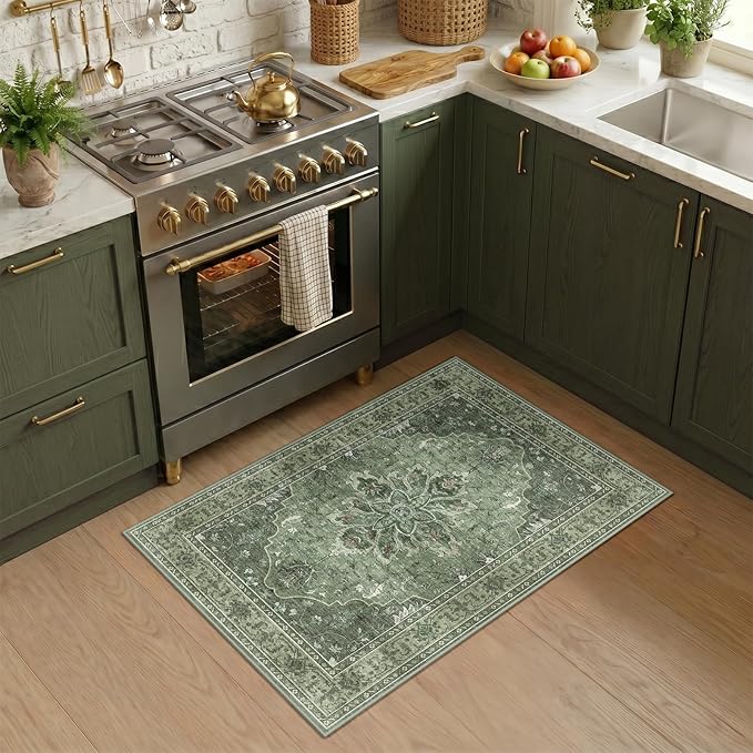 RELEANY Area Rugs Small 2'x3' Washable Non-Slip, Floral Vintage Distress Medallion Carpet for Kitchen Entryway Bathroom, Dark Green Gray