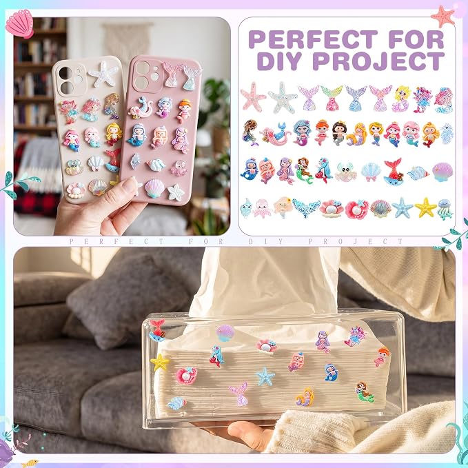Giegxin 40 Pcs Summer Mermaid Resin Charm Seabed Seashells Crabs Mermaid Tails Flatback Cabochon Accessories Cute Embellishments Bulk for Jewelry Cellphone Case Scrapbooking Headband DIY Craft Making