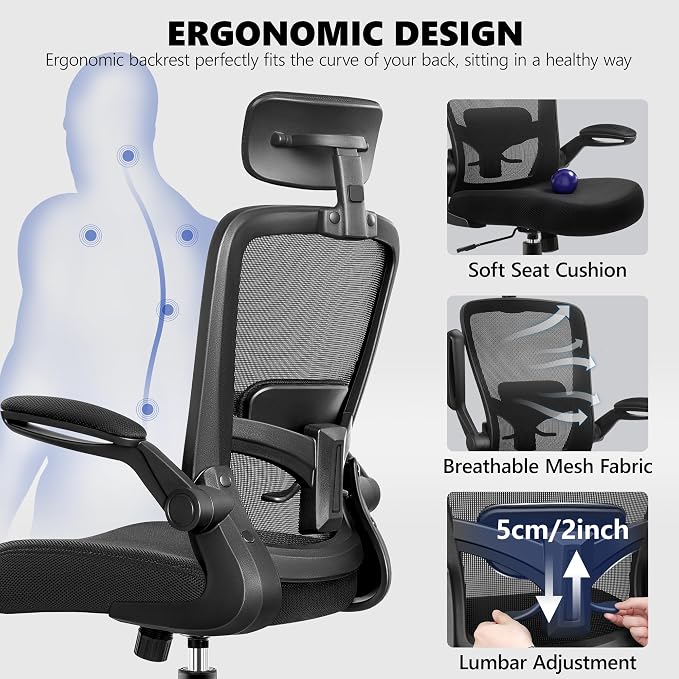 Office Chair Ergonomic Desk Chair, High Back Mesh Office Chairs with Adjustable Headrest and Flip-Up Arms, Comfortable Computer Chair for Long Hours