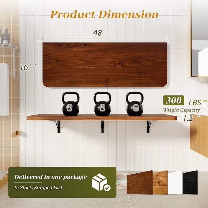 Dogsky Floating Wall Desk, 48" x 16" Wall Mounted Folding Table, Pine Wood Fold Down Wall Table, 300 lb Capacity Wall Mount Desk for Small Apartment, Laundry Room,Kitchen,Bar & Computer Use, Walnut