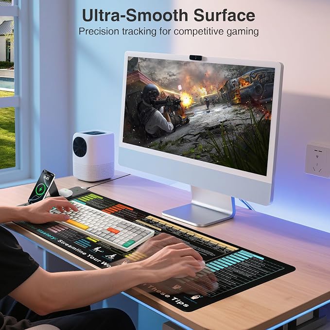Wireless Charging Mouse Pad with Foldable Phone Holder, 31.5"x15.8" in | XXL Excel Cheat Sheet Desk Mat for Laptop/Keyboard, Waterproof Ultra-Smooth Surface, Non-Slip Base