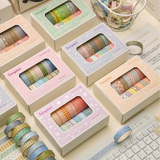 20 Rolls Basic Washi Tape Set Japanese Arts Adhesive Tapes Simple Patterns Decorative Masking Tape Sets for Craft, Kids, Scrapbook, DIY, Gift Wrapping (Style Two)