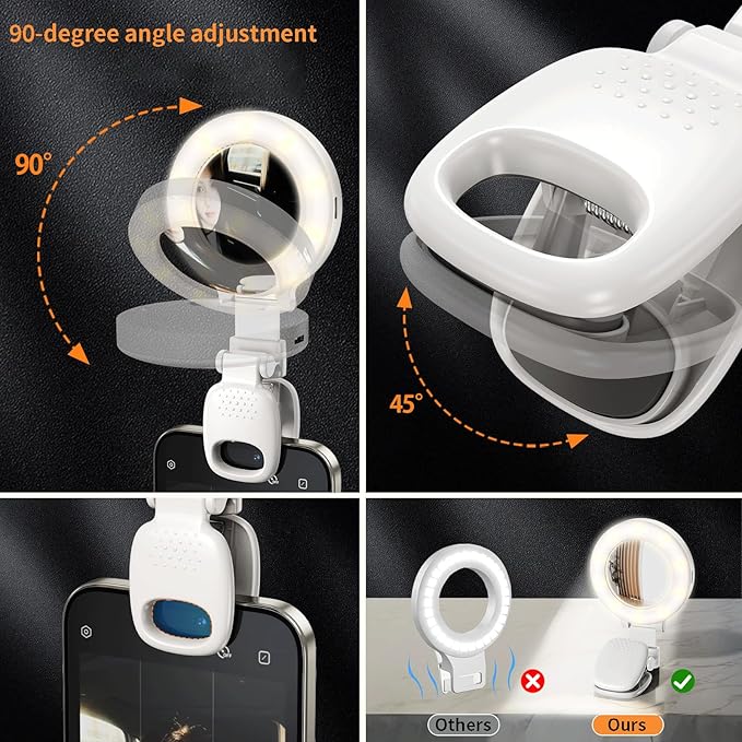 Portable Ring Light for Phone with Mirror, Foldable Clip-On Selfie Light for iPhone, Webcam, Vlog, TikTok, 3 Colors & 9 Brightness, Rechargeable LED Light for Video Recording and Makeup
