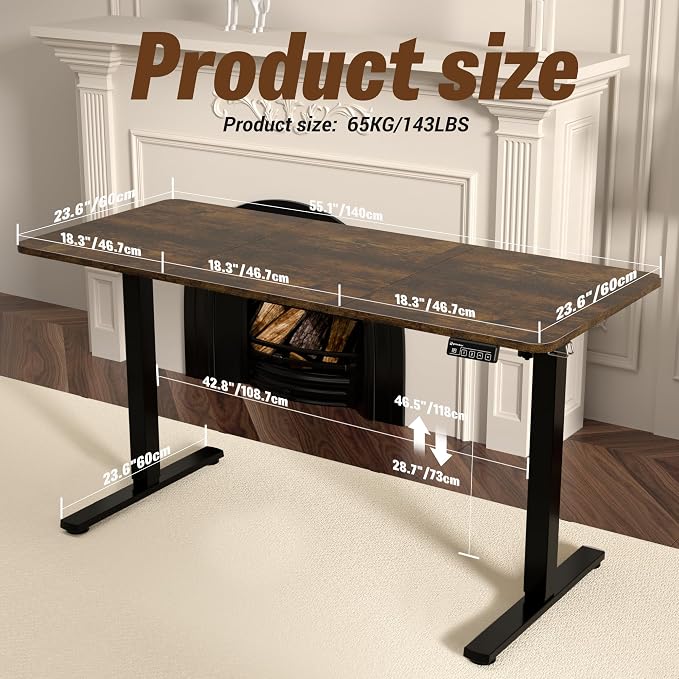 55"x24" Standing Desk, Height Adjustable Sit-Stand Home Office, Brown | Electric Adjustable Standing Desk, Sit to Stand Computer Office Desk with Splice Board, Memory Preset, Lifts 28.7''-46.5"
