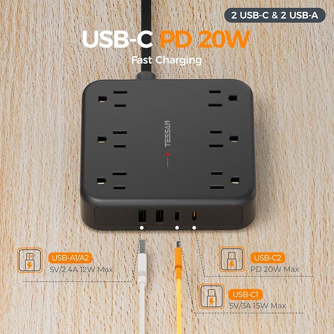 TESSAN 10Ft Black Extension Cord with Multiple Outlets, Surge Protector Power Strip with 6 Outlets and 4 USB Ports (2 USB C), 2100 Joules Protection, Flat Plug, Outlet Extender for Home, Office, Dorm