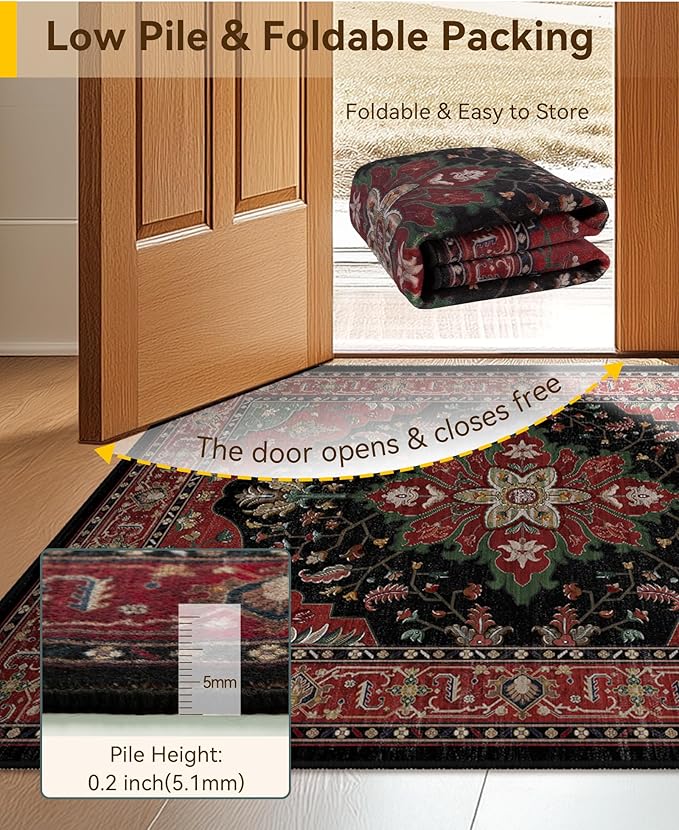 RELEANY Area Rugs Square 4ft Washable Non-Slip, Floral Vintage Distress Medallion Carpet for Living Room Bedroom Dining Room, Red Black