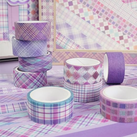 Basic Grid Washi Tape Set 12 Rolls Plaid Decorative Masking Tapes for Arts, DIY Crafts, Journals, Planners, Scrapbook, Wrapping (Purple)