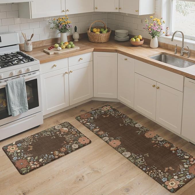 GENIMO Anti Fatigue Kitchen Mats for Floor 2PCS, Cushioned Standing Mats | 17.3"x59"&17.3"x30", Light Brown vintage floral rug set, waterproof, non slip, easy-clean for farmhouse