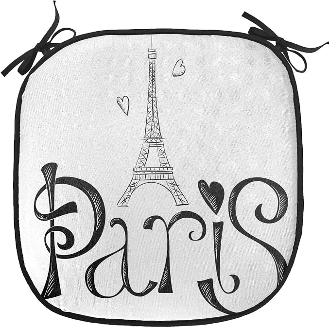 Lunarable Paris Chair Cushion Pad, Illustration Eiffel Tower France Heart Shapes Silhouette Vacation Theme Art, Seat Padding for Kitchen & Patio with Anti-Slip Backing, 16"x16", Black White