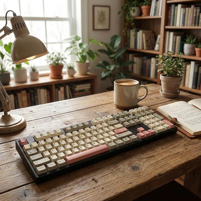 Retro 9009 Keycaps 148 Keys, Beige Grey PBT Dye-Sub Keycap Set with Pink Accents Cherry Profile for 61/64/68/84/87/100/104/108 Mechanical Keyboard Cherry Mx Switches