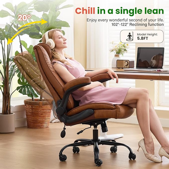 CIOMAN 500lbs Big and Tall Office Chair with Inflatable Lumbar Support, Rubber Wheels Executive Chair with Rocking Function, High Back Wide Cushion Ergonomic Desk Chair for All-Day Sitting,Brown