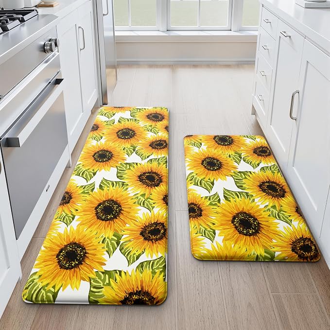 MAYHMYO Sunflower Kitchen Decor Mat Set, 2PC Kitchen Mats, Anti Fatigue | Sunflower Pattern,Yellow docor,Cushioned comfort,Non-slip backing,Easy to clean,Water-resistant,Kitchen,Laundry