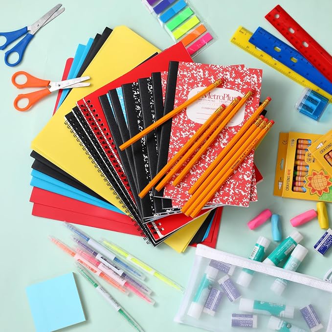 Gilprop 1056 Pcs School Supply Kit 12 Set Back to School Supplies for Students Essential Bundle Kit Include Pencil Notebook Ruler Glue Scissor Sticky Note Eraser Pencil Sharpener