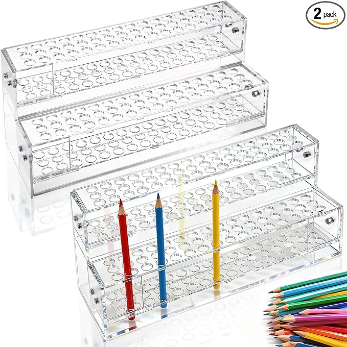 2 Pcs 2-Tier Clear Acrylic Pen Holder with 96 Slots - Multi-Hole Acrylic Pen Display Stand for Organization, Perfect Makeup Brush Holder & Art Brush Rack Organizer for Office Desk, Craft Shows