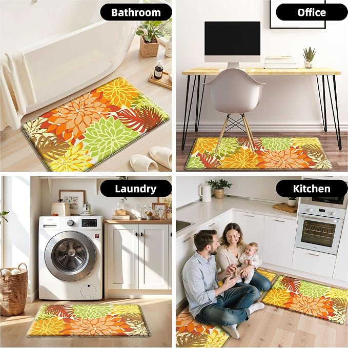 Arenarug Kitchen Mats for Floor 2PCS Cushioned Anti Fatigue Kitchen Mats Waterproof Non Slip Kitchen Rug Set Foam Standing Mat for Sink, Laundry, Office,17.3" x 28" + 17.3" x 59", Maple Orange