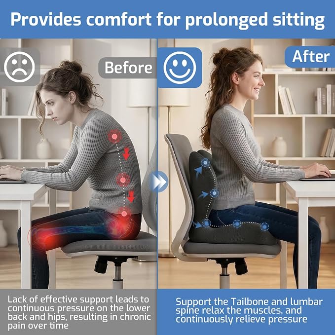 Seat Cushion,Memory Foam Chair Cushion for Office and Car,Ergonomic Coccyx Seat Cushion for Tailbone,Sciatic Nerve,Lower Back Pressure Relief,Lumbar Support Pilow for Office,Car,Truck,Desk Chair