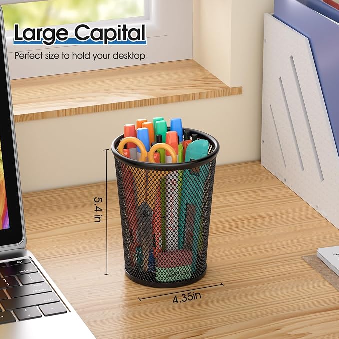 MaxGear Pen Holder for Desk 2 Pack, Mesh Metal 5.4’’, Makeup Brush Holders | Desk Organizers, Scratch-Proof Metal Base, 4.35" x 4.35" x 5.4", For Home School Office, Multi-Purpose