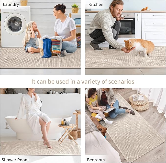 YDKGL Kitchen Mats for Floor, Super Absorbent Kitchen Rugs Non Slip Washable, Soft Imitation Linen Braided Kitchen Runner Rug, Standing Mat Kitchens Sink Mat, Easy to Clean, Beige 17x47