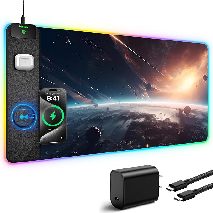 TopMade Wireless Charging Mouse Pad, RGB Gaming Mousepad Home Office Desk Pad, 31.5” x 15.8” Large Desk Mat, Waterproof Keyboard Pad, Cosmic Planet (Includes 20W PD Power Adapter & 6.56ft Woven Cable)