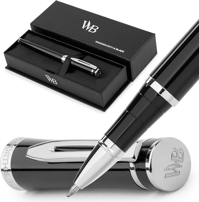 Wordsworth and Black Rollerball Pen - Luxury Pen - Chrome Finish, Black Lacquer, Ink Refill, Refillable, Gift for Men & Women, Professional Writing, Nice and Fancy Pens and for Work