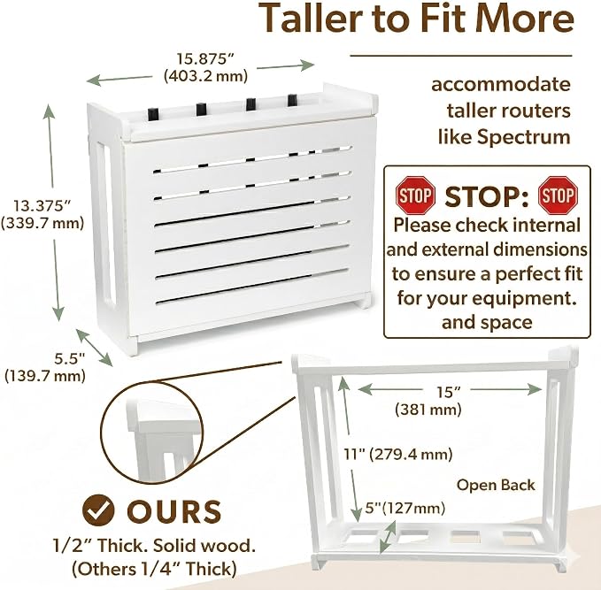 WiFi Router Storage Cabinet Router Box Hider WiFi Box Hider Shelf Cover | Standard • Pine Wood • White Finish • Seamless Side Panel Design • Fits Routers Up To 11" • Wall Mount Or Desktop Placement