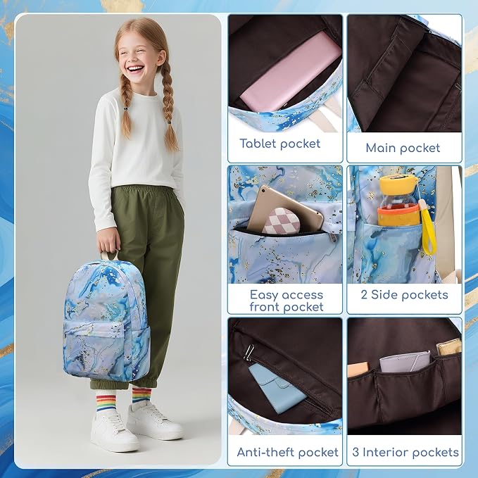 Bluboon Teen Girls School Backpack Kids Bookbag Set with Lunch Box Pencil Case Travel Laptop Backpack Casual Daypacks (Blue-white)