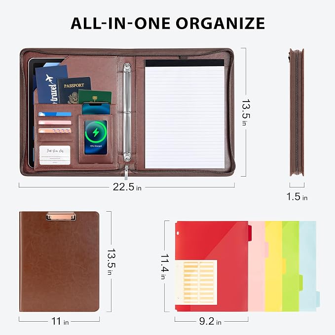 Ospelelf Zippered Padfolio Organizer, Faux Leather 3 Ring Binder with Clipboard, Letter Size Business Portfolio with Notepad, Tablet Sleeve & Phone Pockets for Office Work Brown