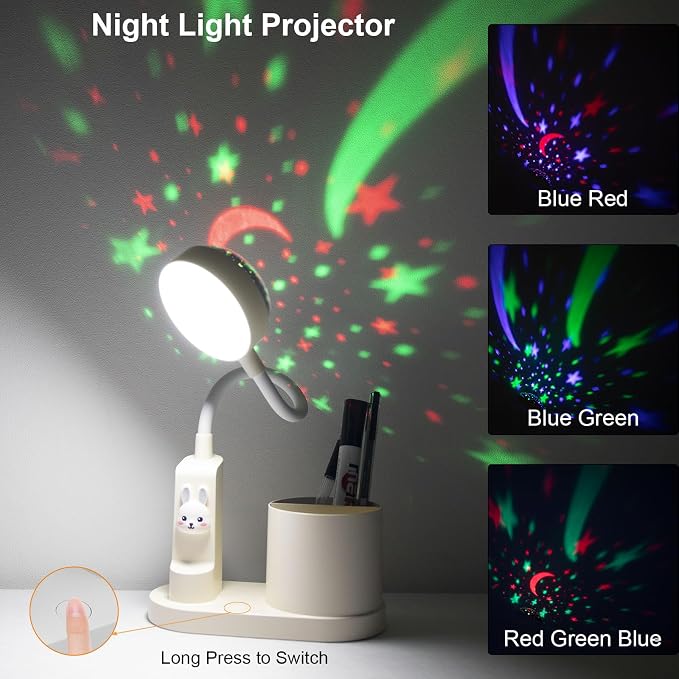 Cute Desk Lamp for Home Office, Touch Small Table Light for Kids | Eye-Care Dimmable Bedside Reading Light, Flexible Gooseneck, Star Projector Night Light with Pen Holder for College Dorm