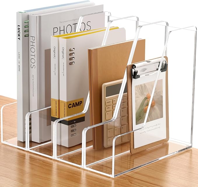SANRUI 4 Pack Vertical File Holder, Acrylic Desk Organizer Magazine File Sorter for Magazines, Binders, Notebooks, Envelopes, Multi-purpose Clear Document Organizer Rack