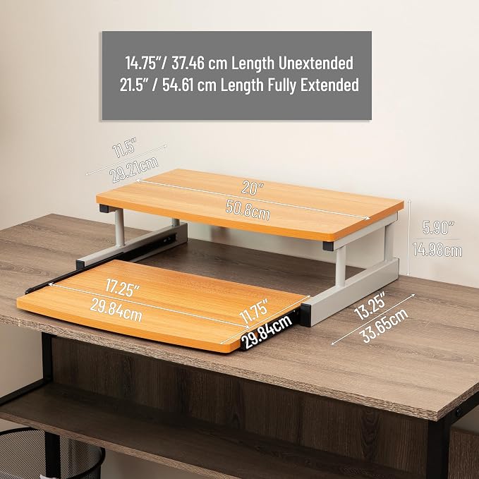 Mind Reader Monitor Stand, Sliding Keyboard Drawer, Laptop, Riser, Office, Wood/Metal, 20"L x 14.75"W x 5.9"H, Brown, Silver