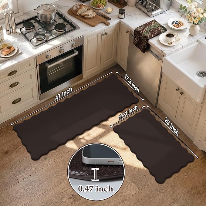 KIMODE Anti Fatigue Kitchen Mats for Kitchen Floor,Scalloped Kitchen Rugs Sets of 2 Non Slip,Cushioned Padded Memory Foam Kitchen Floor Mat Carpet for Office Laundry Sink,Brown