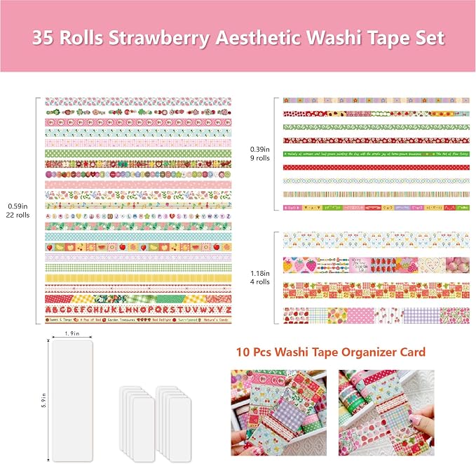 Bomichi Washi Tape Set - 35 Rolls Strawberry Pastel Washi Tape for Junk Journal Supplies, Bullet Journal Supplies, DIY Crafts, Scrapbooking, Planner Decoration, Gift Wrapping, School Supplies