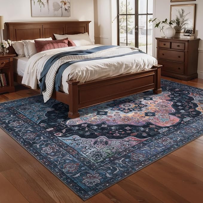 Tangsoo 5x7 Area Rug Washable Rug for Living Room, Vintage Indoor Non Slip Large Area Rugs, Print Distressed Navy/Multi Carpet, Soft Low Pile Rug Foldable for Bedroom Dining Room Dorm