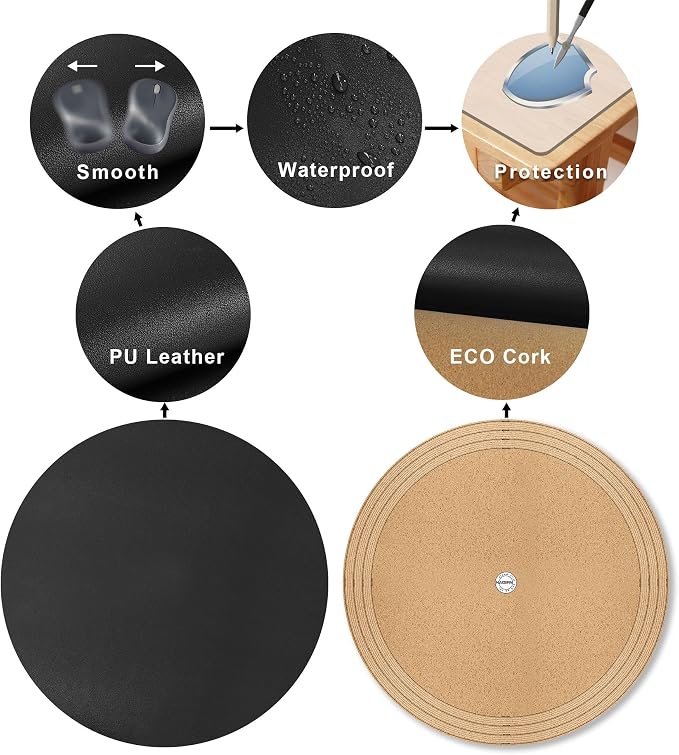 MAIDERN 48 Inch Round Cork & Leather Table Pad Protector, Cuttable Size (42-48 Inch), Trimmable Dining Table Mat, Heat Resistant/Non-Slip Table Cover for Kitchen, Office, or Restauran (Black)