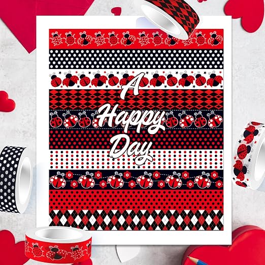 12 Rolls Insect Washi Tape, Seven Star Ladybug Masking Tape, Red Black Spots Decorative Tape for Journaling, Scrapbooking, DIY Crafts, Planner, Gift Wrapping, 16.4FT