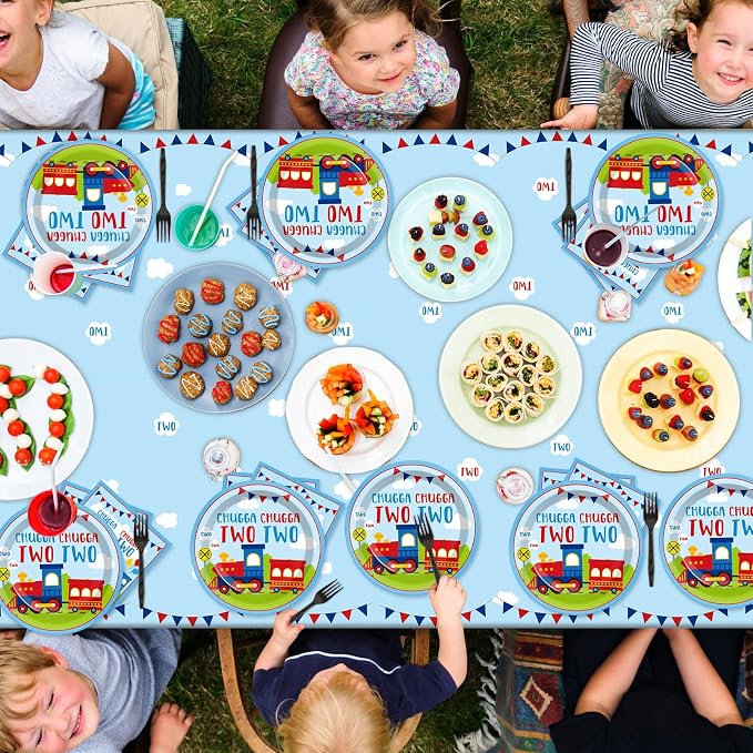 Qyeahkj 24 Guests Chugga Chugga Two Two Birthday Party Paper Plates Napkins Tablecloth Supplies Set Train 2nd Disposable Tableware Dinnerware Decorations Favors for Boys Girls Birthday Party