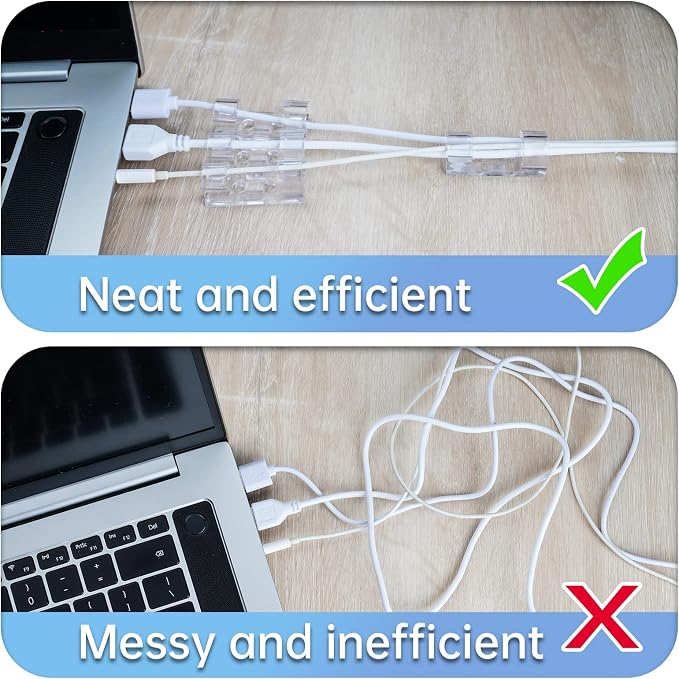 50 Cable Clips, Clear Cord Organizer, Cable Management Desk Wall | Self-Adhesive with 100 Screws for Damage-Free Mounting on Wood Glass Metal and Painted Surfaces