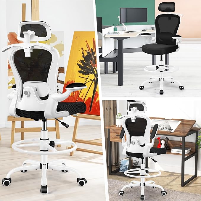 AtHope Drafting Chair, Tall Office Chair with 3D Lumbar & Head Support | Ergonomic Mesh Standing Desk Chair with Footrest Ring, Comfy Extended High Desk Chair with Flip-Up Arms & Hanger, White