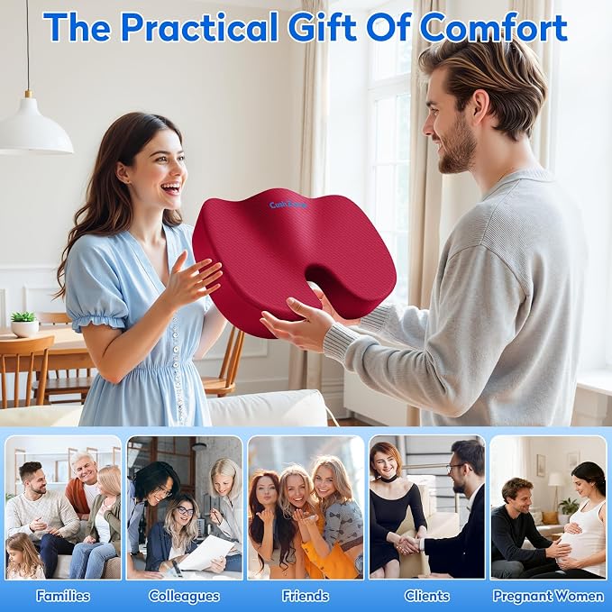 CushZone Seat Cushion, Office Chair Cushions, Car Seat Cushion, Non-Slip Sciatica & Back Coccyx Tailbone Pain Relief Chair Pad, Memory Foam (Red)