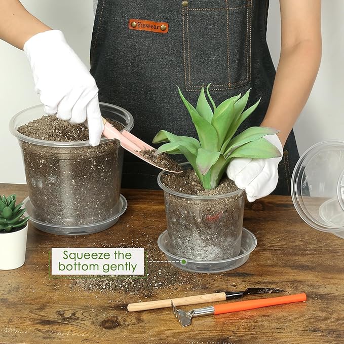 FUIJOL 7 Inch Clear Nursery Pots for Plants with Sacuers 15 Pack, Plastic Flower Pots with Drainage Holes, Variety Pack Seedlings Garden Pot for Indoor Outdoor (7 inch)