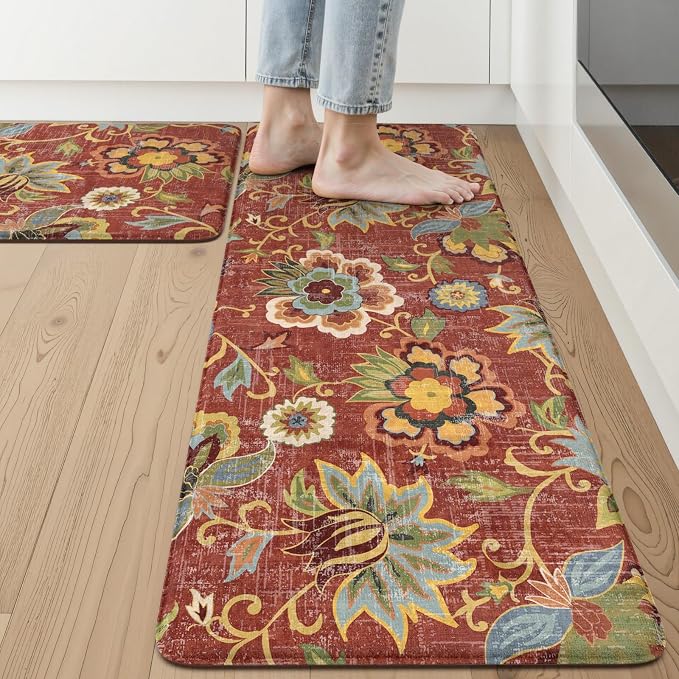 LEEVAN Anti Fatigue Kitchen Mats for Floor, Cushioned Kitchen Mat Set 2PCS | 17.3"x29"+17.3"x47", Boho Floral Coral Red Kitchen Rugs Non-Slip, Waterproof Ergonomic Standing Mat for Laundry, Office, Sink