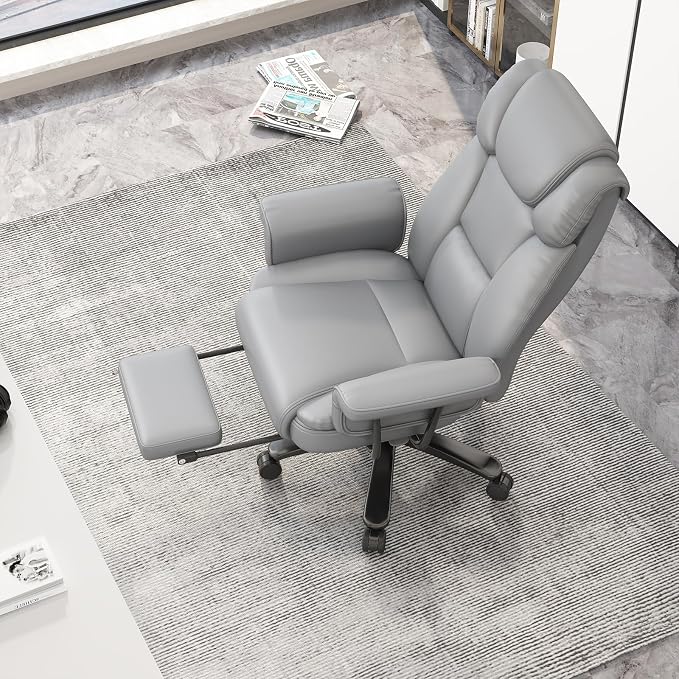 GYI 160 Reclining Office Chair with Footrest, Big & Tall Desk Chair, Grey | Cross Legged Seat, High Back, Faux Leather, Heavy Duty Base, Adjustable Height, for Home, Executive
