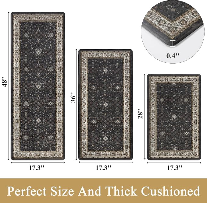 Pauwer Anti Fatigue Kitchen Floor Mats Set of 3, Cushioned Rugs, Black | Non Slip Comfort Standing Mat, PVC Foam Padded Kitchen Rugs, Waterproof Sink Rug for Small Kitchen Area, Laundry Room