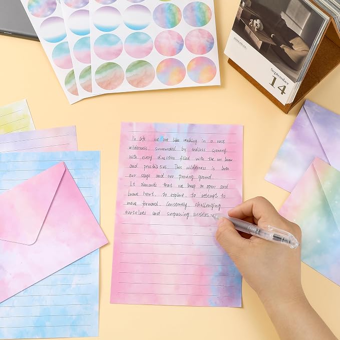 Stationery Paper Envelopes Set 160 Pcs - 50 Lined Writing Paper, 50 Envelopes, 60 Dot Stickers, Vintage/Floral/Leaf/Watercolor Multi-Style Options (STATIONERY-160PCS-WATERCOLOR)