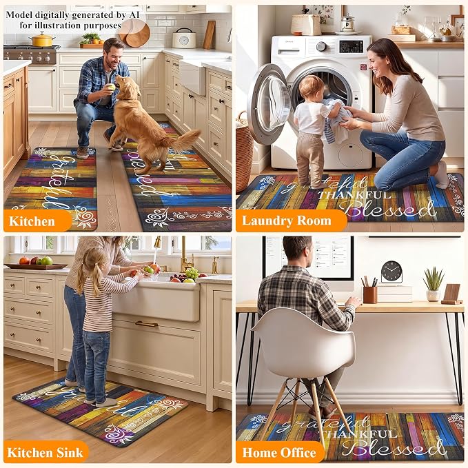 HEBE Anti Fatigue Kitchen Rugs Set of 2, Non Slip Cushioned Kitchen Mats for Floor, Waterproof Farmhouse Kitchen Carpet Set Comfort Standing Desk Mat for Sink,Office,Laundry