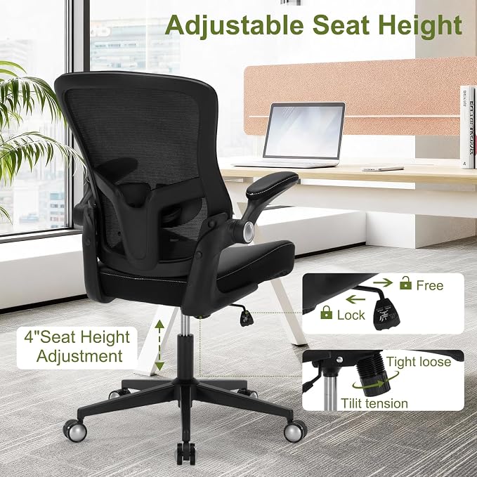 Ergonomic PU Leather Office Chair, 400lbs Weight Capacity, Breathable Mesh Back, Adjustable Height & Flip-Up Arms, Heavy Duty Computer Desk Chair for Home & Office, Black