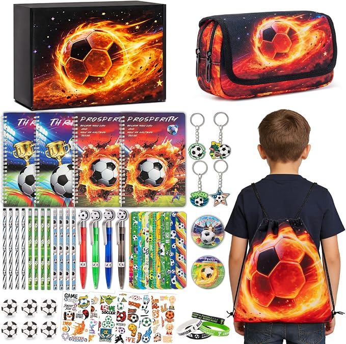 DIGOBAY 61PCS Soccer School Supplies Set for kid Boys, Teen Back to School stationery Supplies with Pencil Case Drawstring Bag Spiral Notebooks Pens Pencils Tattoos Wristbands Gift Box