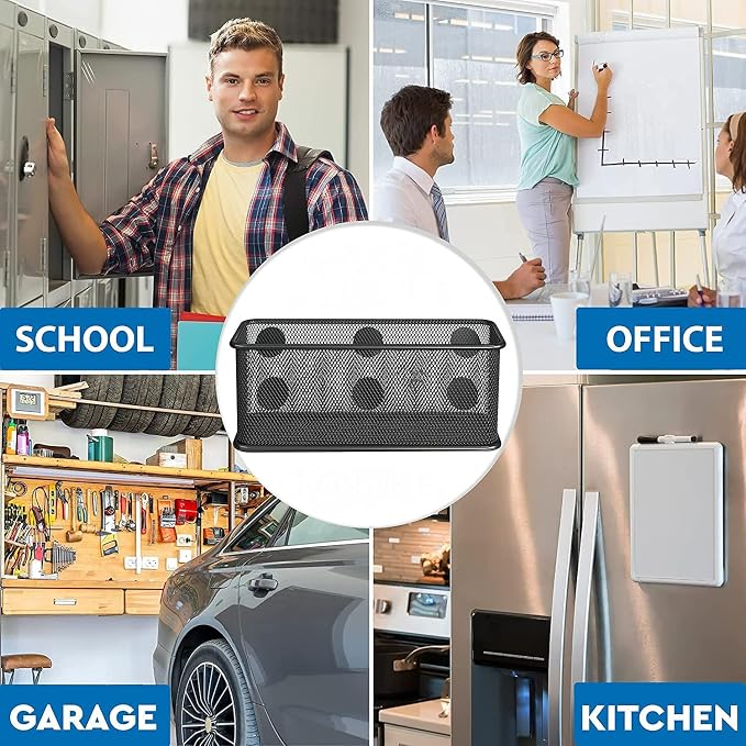 TAPBULL Mesh Magnetic Storage Baskets - Set of 3 (Black) with Anti-Slip Feature and Strong Magnets - Magnetic Locker Organizer and Pencil Holder for Whiteboard and Refrigerator (Black-3 pcs)
