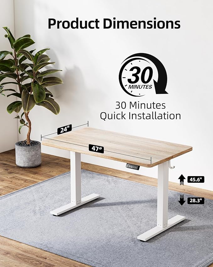 TIQLAB Electric Height Adjustable Standing Desk 47.2×23.6 inch, Sit Stand Desk for Work, Study, Memory Controller, White Frame & Maple Top Computer Workstation for Home Office