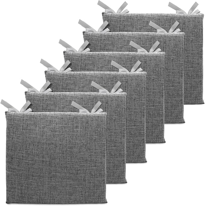 Lifup 6 Pack Chair Cushion Memory Foam Pads, Square Non-Slip Thick Dining Chair Cushions with Ties and Removable Cover for Home Office Restaurant Chair Pads Grey 2 18 x 18 Inch
